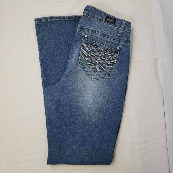 Earl Womens Boot Cut Jeans Blue Whiskered Embroidered Medium Wash Denim 10 - Picture 1 of 12
